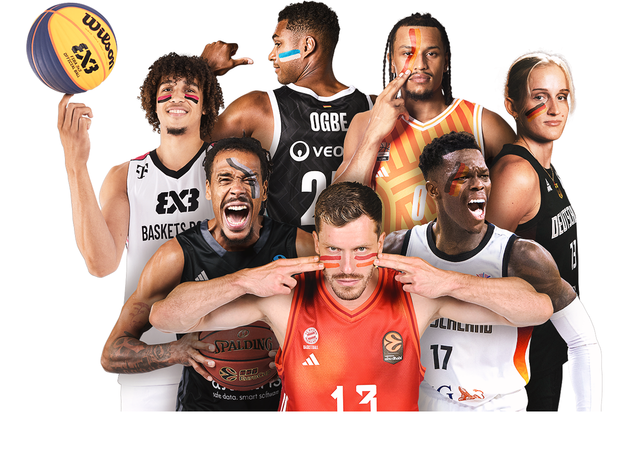 Werbemotiv mit Spieler und Spielerinnen der unterschiedlichen basketball-Wettbewerbe bei MagentaSport.